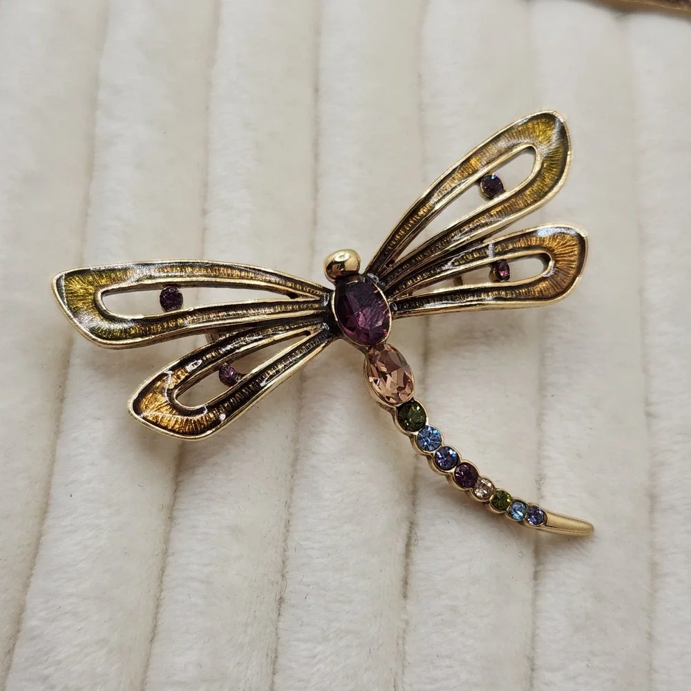Monet Vintage Crystal Enamel Dragonfly Brooch Pin Signed Cottagecore Collectible